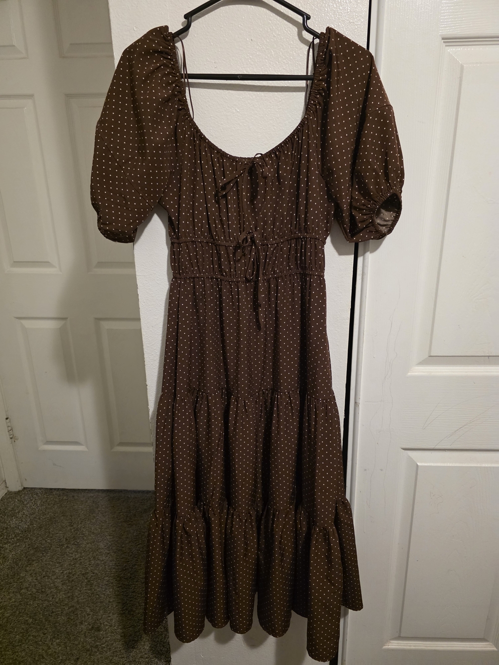 Brown Polka Dot Puff-Sleeve Midi Dress with Tiered Skirt